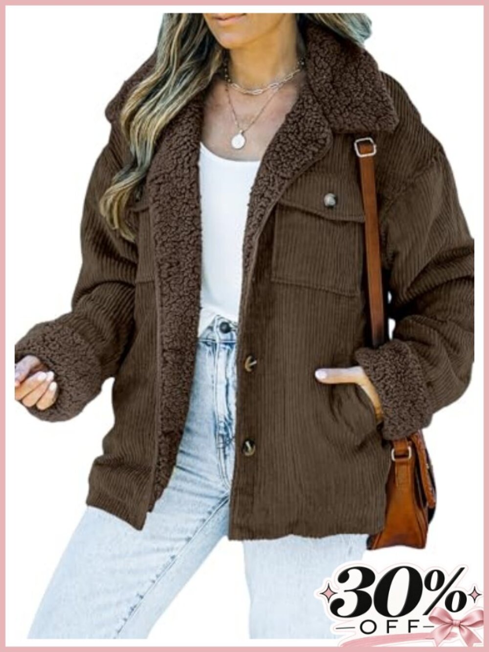 Corduroy Sherpa Lined Jacket Button Down Collar Loose Fit Fall Winter Coat